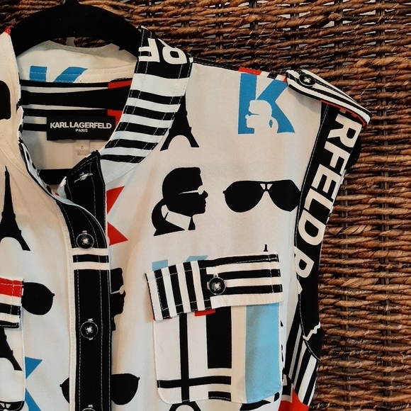 Karl Lagerfeld Paris Eiffel Tower Midi Dress 8 Mod Retro Military Stripes Logo - Picture 3 of 10